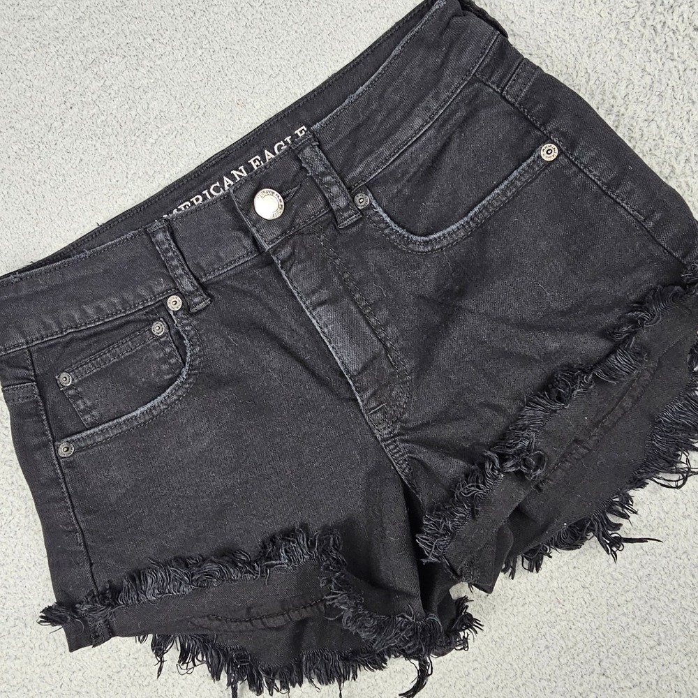 American Eagle Denim Shorts Women 4 Black Hi-Rise Festival Frayed Stretch